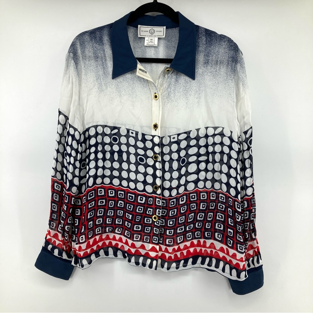 St. John Sport Sheer Button Front Long Sleeve Blouse Red, White, & Blue